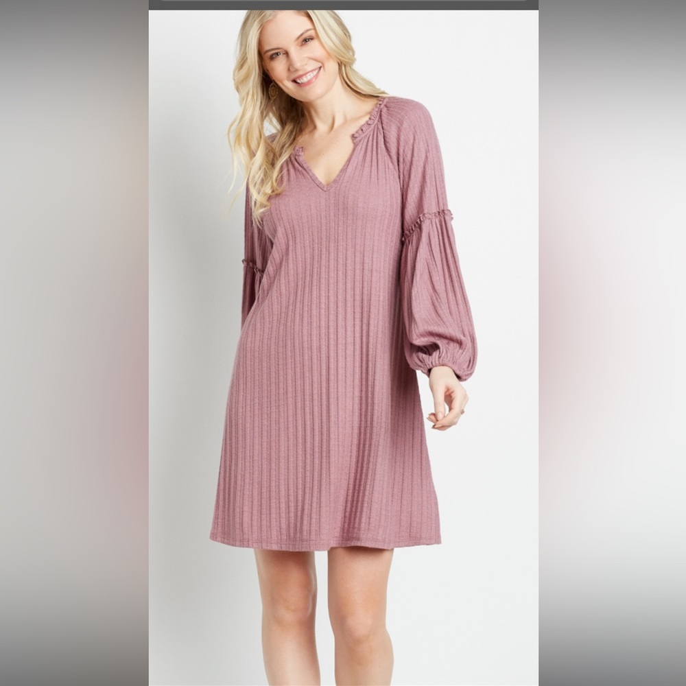 Pink Ribbed Blouson Sleeve Shift Dress